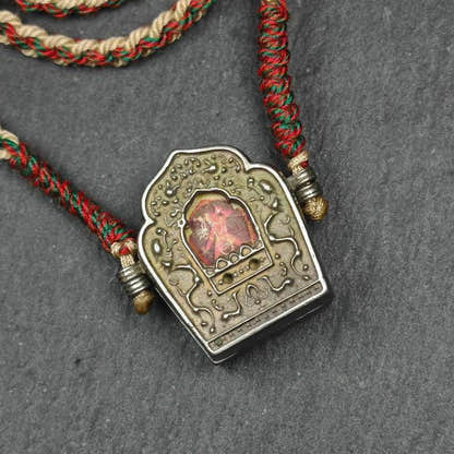 Tibetan Gau Box Amulet,Mini Ghau Shrine,Portable Tibetan Buddhist Altar Necklace - Tibetan Buddhist bead necklace, front view