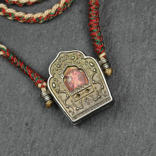 Tibetan Gau Box Amulet,Mini Ghau Shrine,Portable Tibetan Buddhist Altar Necklace - Tibetan Buddhist bead necklace, front view