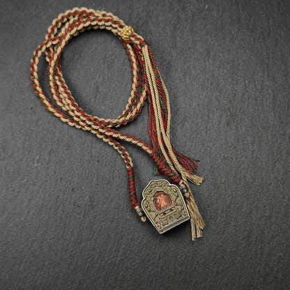Tibetan Gau Box Amulet,Mini Ghau Shrine,Portable Tibetan Buddhist Altar Necklace - Tibetan Buddhist bead necklace, close-up detail