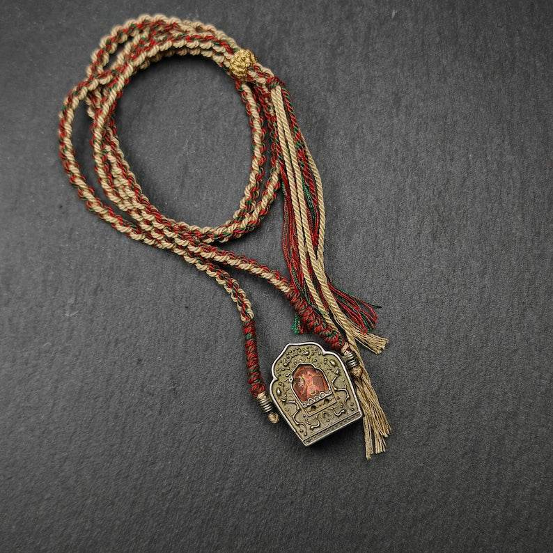 Tibetan Gau Box Amulet,Mini Ghau Shrine,Portable Tibetan Buddhist Altar Necklace - Tibetan Buddhist bead necklace, close-up detail