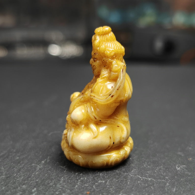 Gandhanra Antique Consecrated Tibetan Buddha statue - Yellow Jambhala(Dzambhala),Carved from Deer Antlers,40mm × 30mm × 20mm