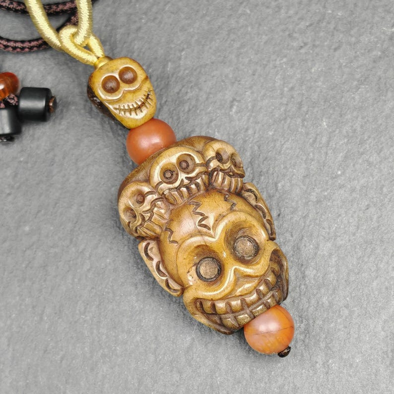 Unique Citipati Skull Protective Charm,Gandhanra Vintage Tibetan Amulet,Spiritual Necklaces,Made of Deer Antlers and Kapala