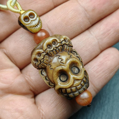 Unique Citipati Skull Protective Charm,Gandhanra Vintage Tibetan Amulet,Spiritual Necklaces,Made of Deer Antlers and Kapala