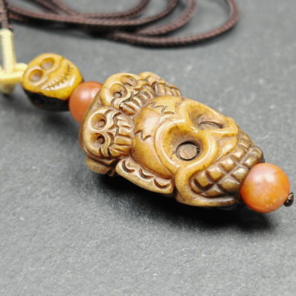 Unique Citipati Skull Protective Charm,Gandhanra Vintage Tibetan Amulet,Spiritual Necklaces,Made of Deer Antlers and Kapala