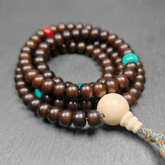 Prayer Beads,9.6mm Bodhi Root Bead Mala - Tibetan Buddhist mala beads, front view