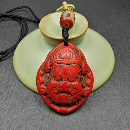 Old Cinnabar Mahakala Amulet with Dzi Bead - Tibetan dzi bead, view 5