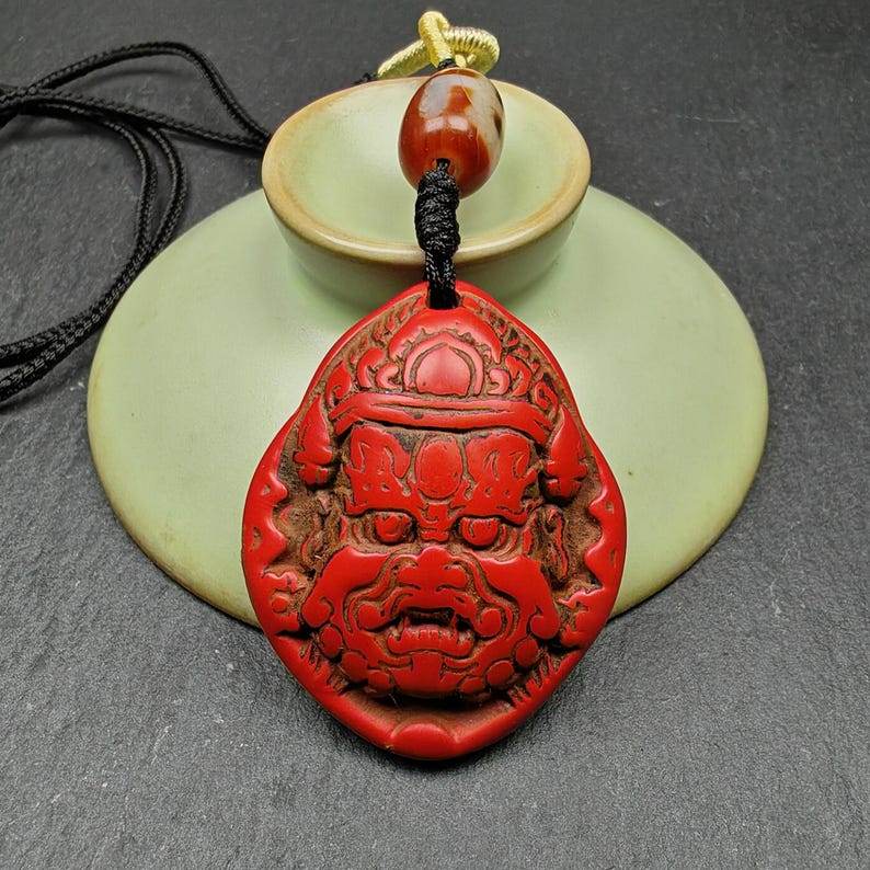 Old Cinnabar Mahakala Amulet with Dzi Bead - Tibetan dzi bead, view 5