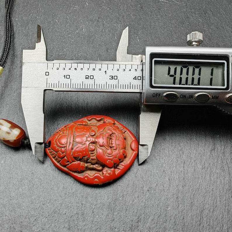 Old Cinnabar Mahakala Amulet with Dzi Bead - Tibetan dzi bead, view 9