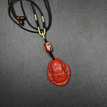 Old Cinnabar Mahakala Amulet with Dzi Bead - Tibetan dzi bead, view 4