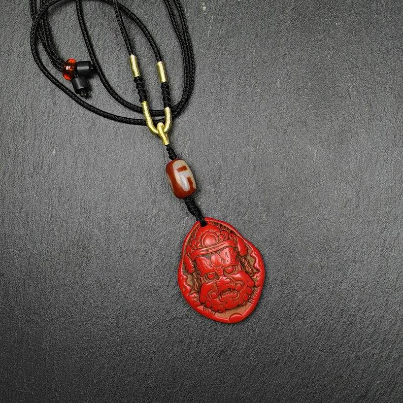 Old Cinnabar Mahakala Amulet with Dzi Bead - Tibetan dzi bead, view 4