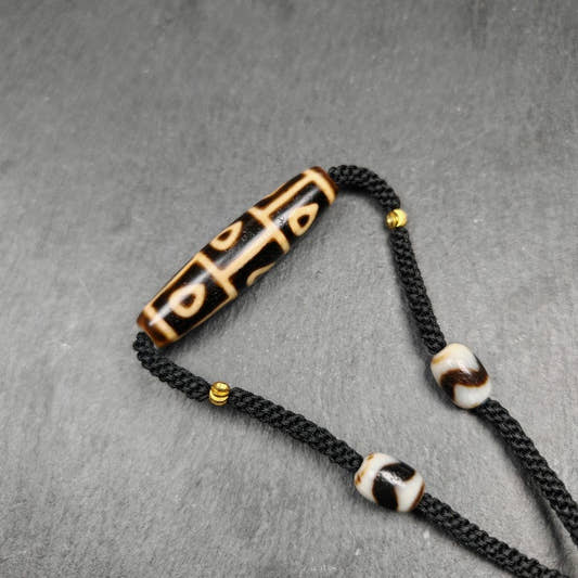Tibetan 9 Eyes Bodhi Dzi Bead Necklace, 2.13" - Tibetan Buddhist bead necklace, front view