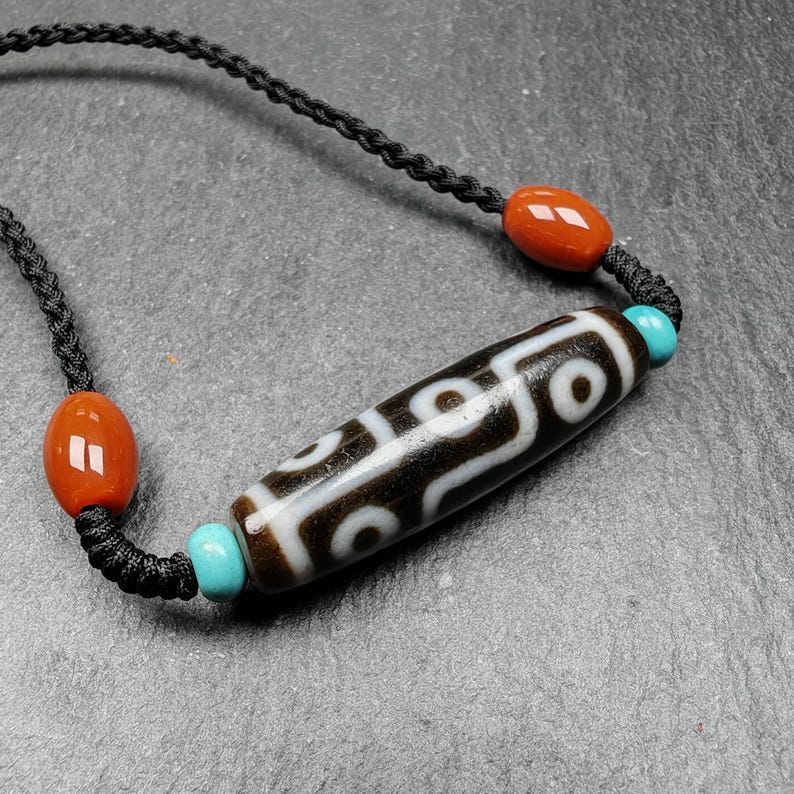 9 Eyes Dzi Bead Necklace,1.6" x 0.4"