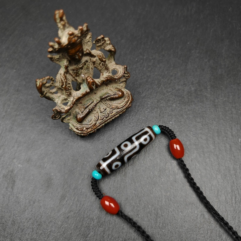 9 Eyes Dzi Bead Necklace,1.6" x 0.4"