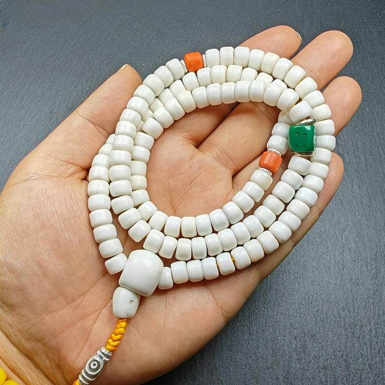 8mm Shankha Shell 108 Prayer Beads - Tibetan Buddhist art, size reference