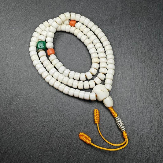8mm Shankha Shell 108 Prayer Beads - Tibetan Buddhist art, front view