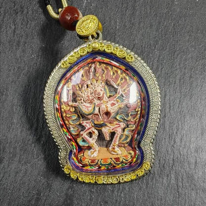 Tibetan Gau Ghau Shrine,Citipati Skull Lords Amulet - Tibetan Buddhist amulet, close-up detail