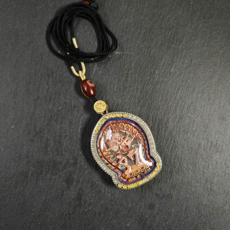 Tibetan Gau Ghau Shrine,Citipati Skull Lords Amulet - Tibetan Buddhist amulet, detailed view