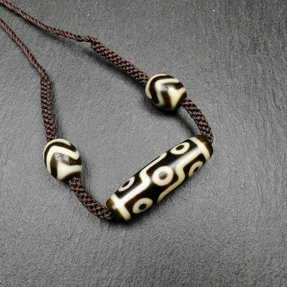 Tibetan Dzi Necklace,9 Eyes Dzi + 2 Wave Darlo Dzi Beads Amulet