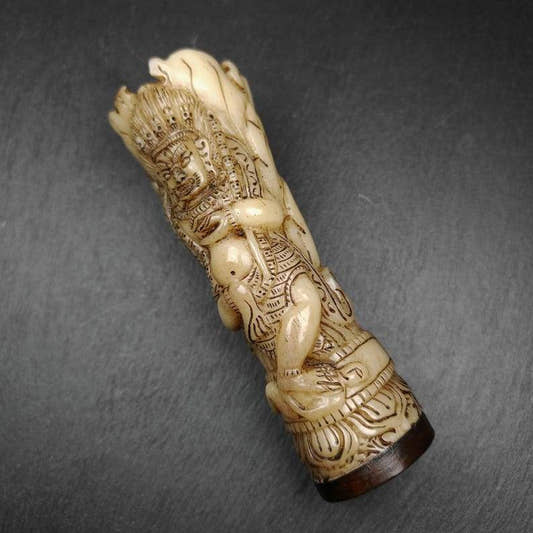 Leg Bone Carved Troma Nagmo Pen holder,Black Wrathful Dakini Kapala Cup - Tibetan Buddhist art, front view