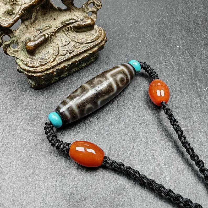 Tibetan 9 Eyes Dzi Bead Necklace - Tibetan Buddhist bead necklace, view 7