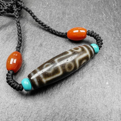 Tibetan 9 Eyes Dzi Bead Necklace - Tibetan Buddhist bead necklace, front view