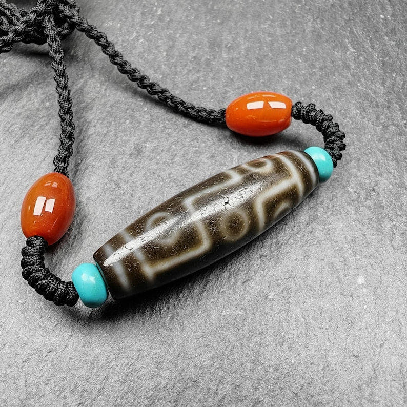 Tibetan 9 Eyes Dzi Bead Necklace - Tibetan Buddhist bead necklace, front view