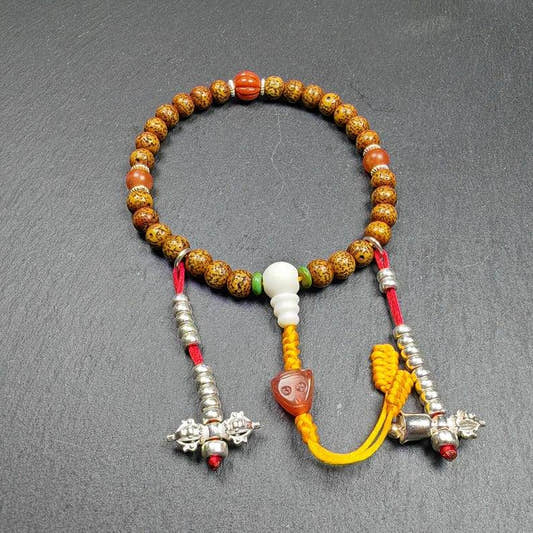 Gandhanra Authentic Tibetan Handhold Wrist Mala - 7.7mm Old Lotus Seed Beads Bra - Tibetan Buddhist mala beads, front view