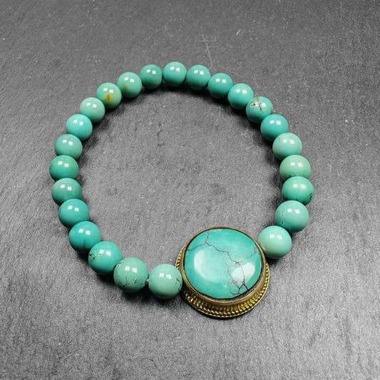 7mm TURQUOISE Gemstones TIBETAN BRACELET - Tibetan Buddhist art, front view