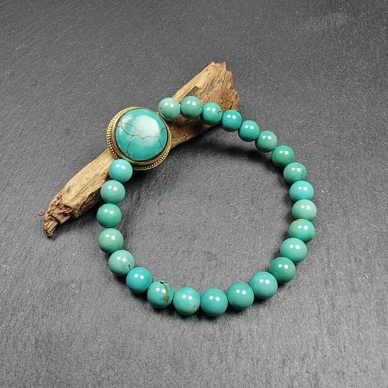 7mm TURQUOISE Gemstones TIBETAN BRACELET - Tibetan Buddhist art, close-up detail