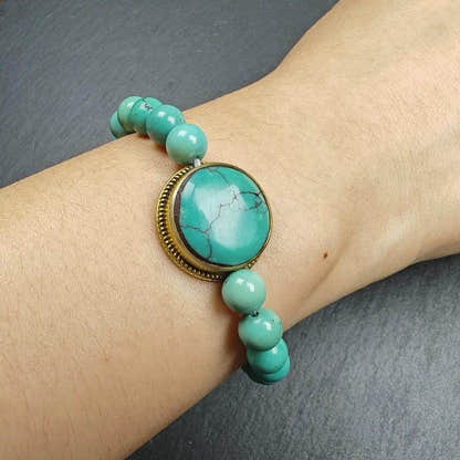 7mm TURQUOISE Gemstones TIBETAN BRACELET - Tibetan Buddhist art, detailed view