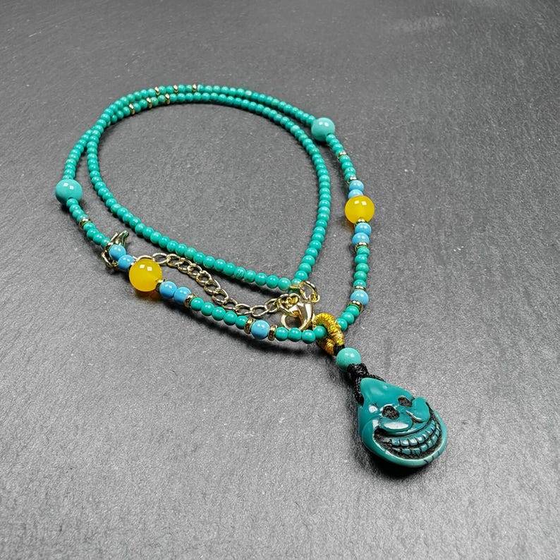 Turquoise Citipati Skull Protective Necklace,23cm Length - Tibetan Buddhist bead necklace, close-up detail
