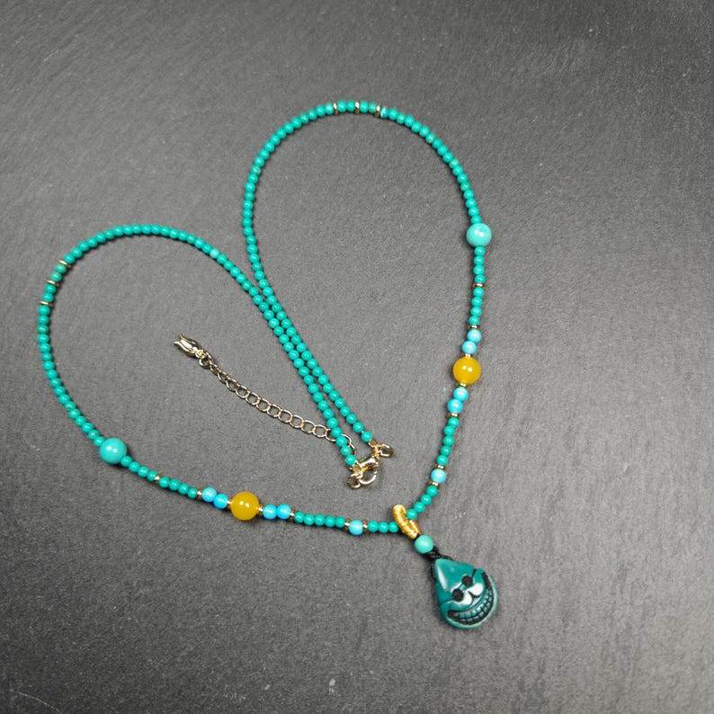 Turquoise Citipati Skull Protective Necklace,23cm Length - Tibetan Buddhist bead necklace, detailed view