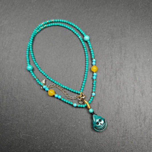 Turquoise Citipati Skull Protective Necklace,23cm Length - Tibetan Buddhist bead necklace, front view