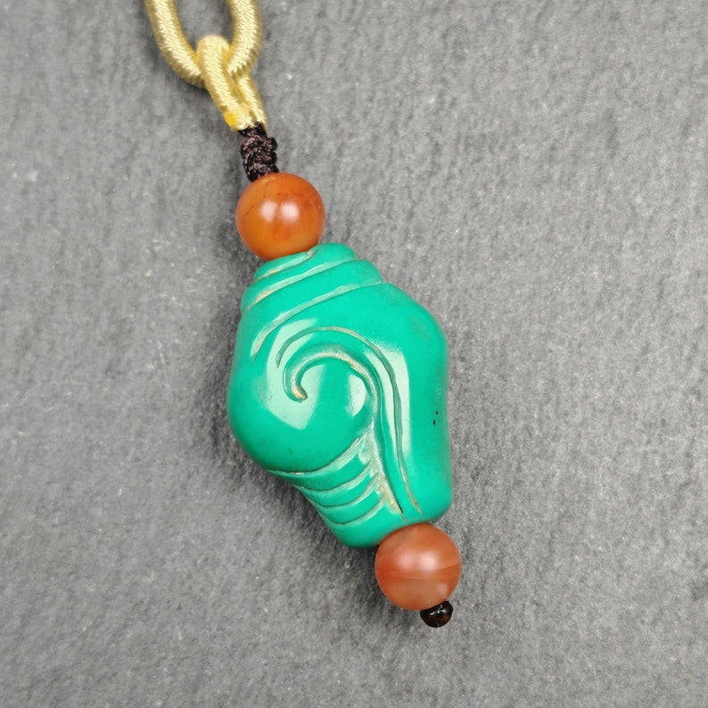 Shankha Amulet,Hand Carved Turquoise Conch Shell Pendant,25 - Tibetan Buddhist amulet, view 5