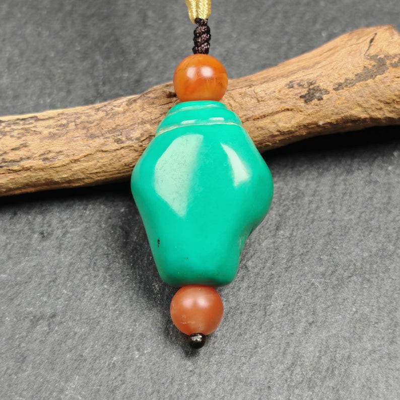 Shankha Amulet,Hand Carved Turquoise Conch Shell Pendant,25 - Tibetan Buddhist amulet, close-up detail