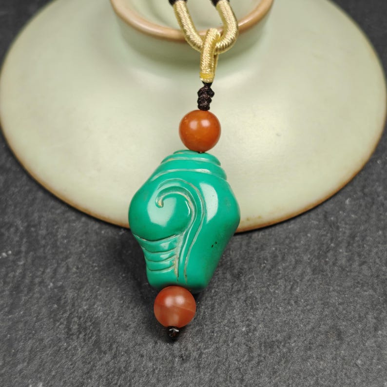 Shankha Amulet,Hand Carved Turquoise Conch Shell Pendant,25 - Tibetan Buddhist amulet, view 4