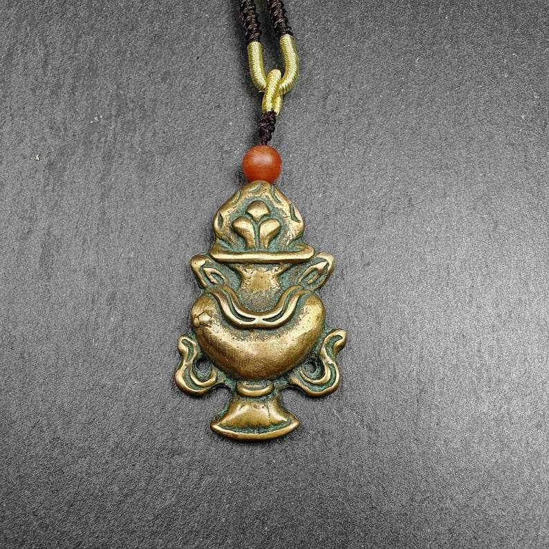 Lima Brass Amulet,Treasure Vase Badge - Tibetan Buddhist amulet, front view
