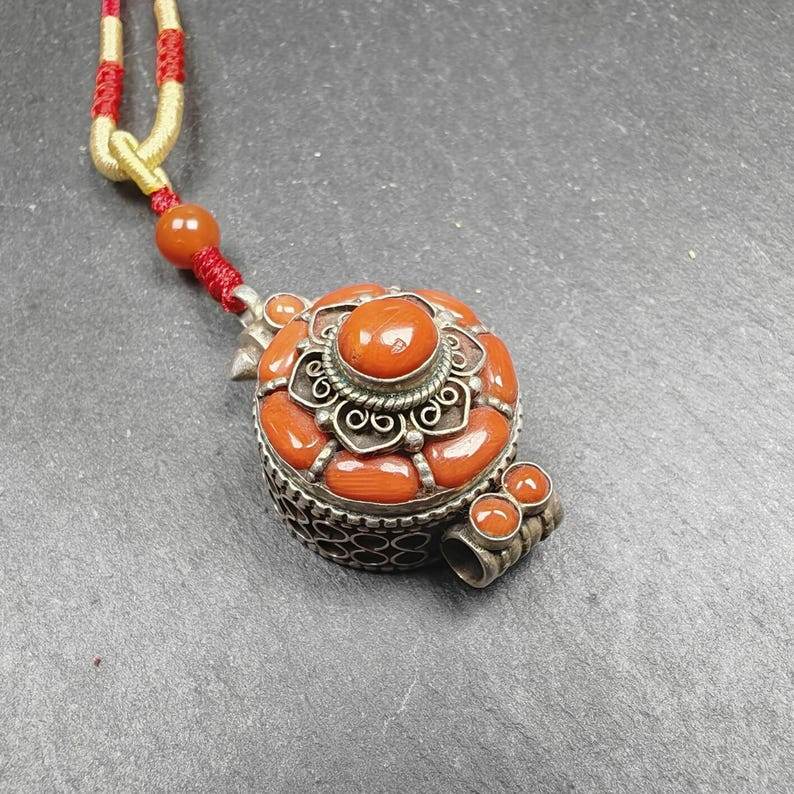 Coral and Silver Gau Ghau Shrine - Tibetan Buddhist art, detailed view
