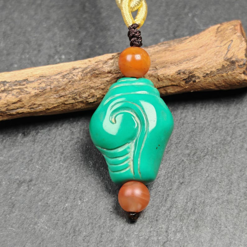 Shankha Amulet,Hand Carved Turquoise Conch Shell Pendant,25 - Tibetan Buddhist amulet, detailed view