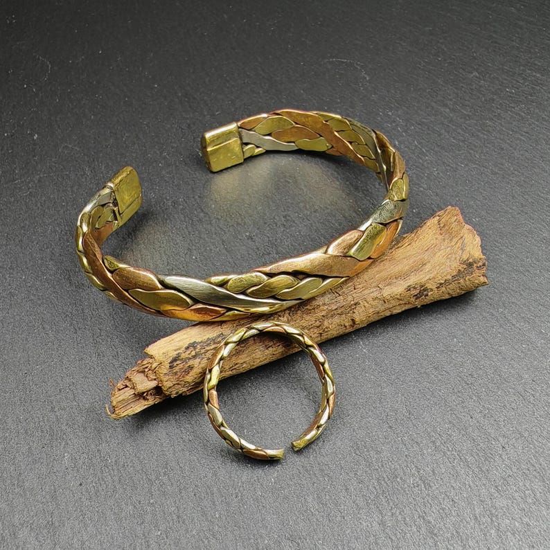 Tibetan Jewelry, Cuff Bracelet + Ring,Made of Bronze,Copper,Brass - Tibetan Buddhist art, close-up detail