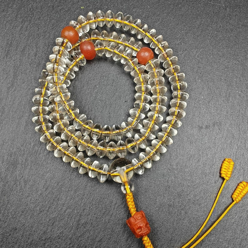 Old Tibetan Crystal Necklace Mala,Disk Type Prayer Beads - Tibetan Buddhist mala beads, detailed view