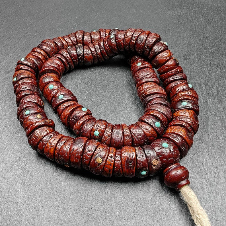Old 108 Bodhi Seed Beads Mala,Hand Hold 16mm Prayer Beads - Tibetan Buddhist mala beads, front view