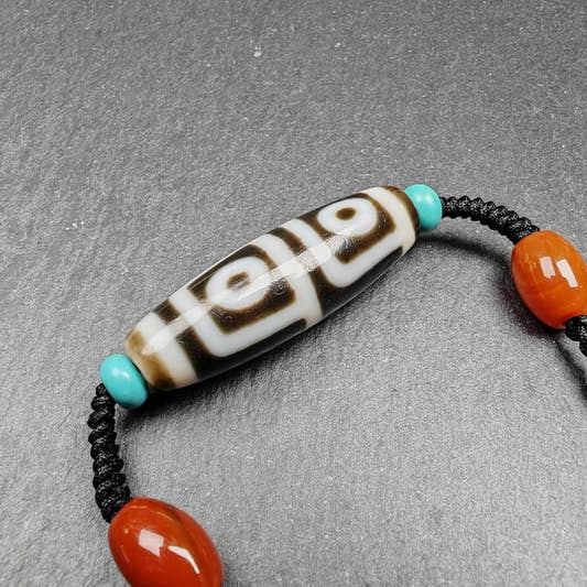 4 Eyes Dzi Bead Necklace - Tibetan Buddhist bead necklace, front view
