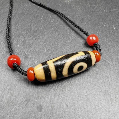 2 Eyes Dzi Bead Necklace - Tibetan Buddhist bead necklace, detailed view