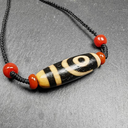 2 Eyes Dzi Bead Necklace - Tibetan Buddhist bead necklace, close-up detail