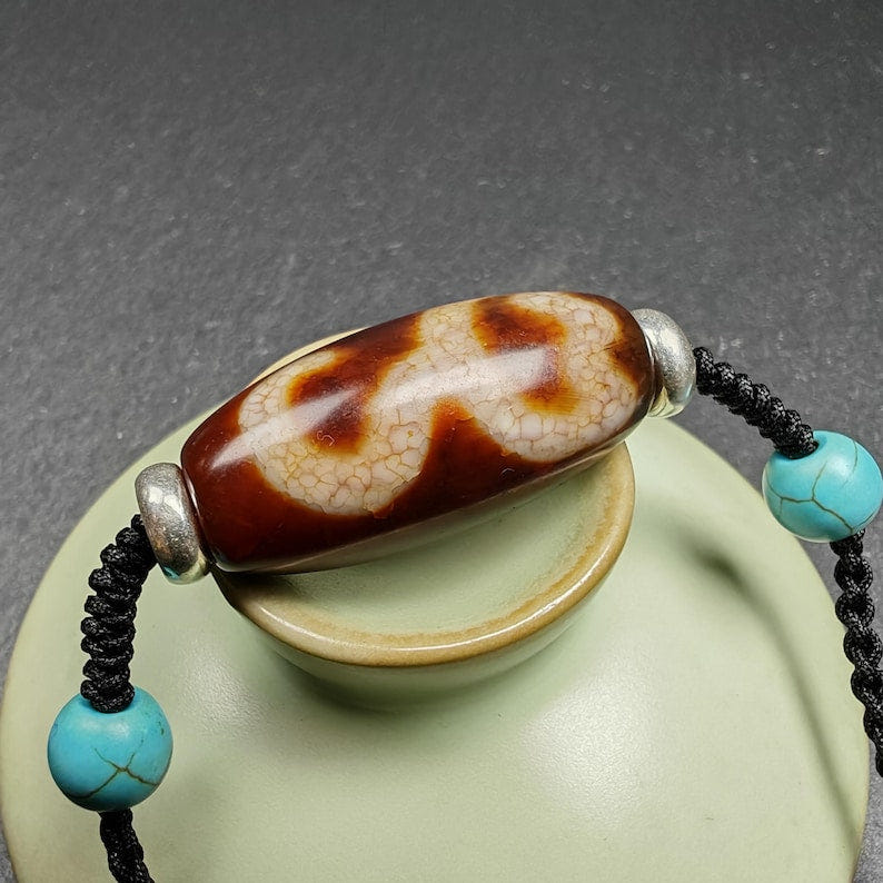 Fire Agate Lotus Dzi Amulet 31 - Tibetan dzi bead, view 6