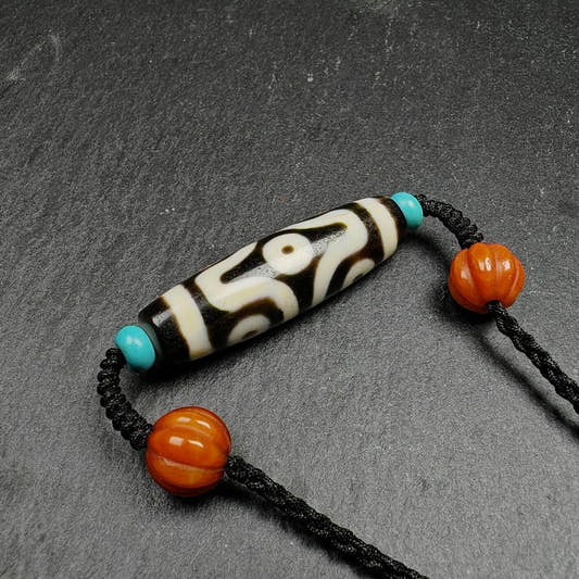 Cross Vajra 6 Eyed Dzi Bead Necklace - Tibetan Buddhist bead necklace, front view