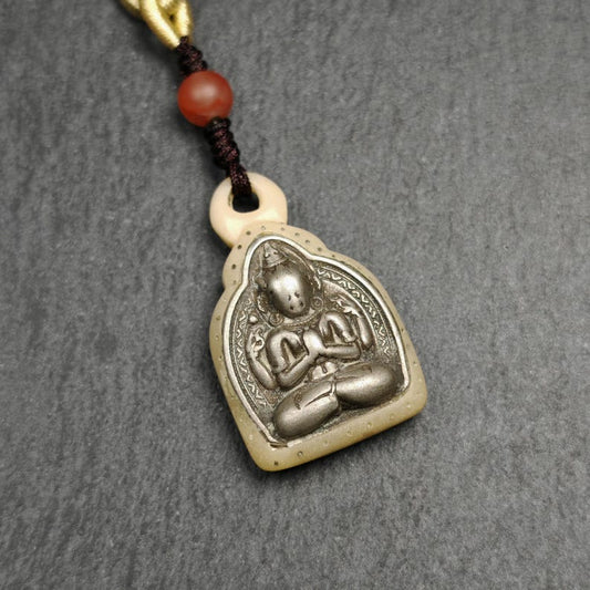 Buddhist Amulet | Copper Chenrezig Badge in Yak Bone Frame