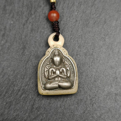 Buddhist Amulet | Copper Chenrezig Badge in Yak Bone Frame