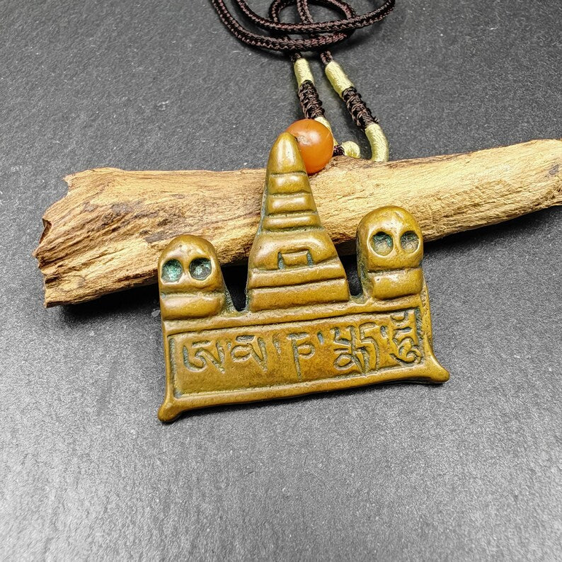 Tibetan Buddhist Amulet | Copper Stupa Skull Pendant